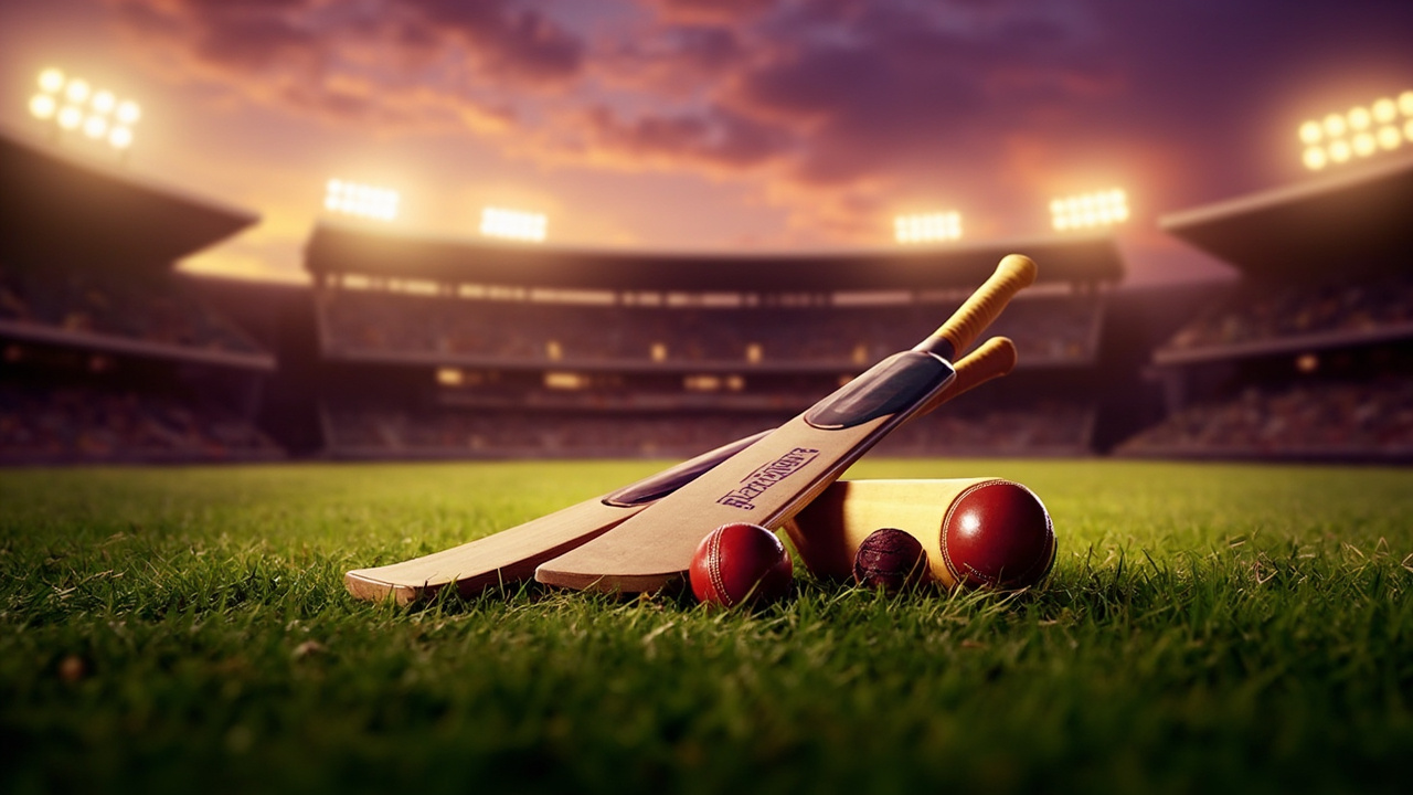 Fantasy Cricket editorial hero, cricket bats arranged on emerald pitch at dusk