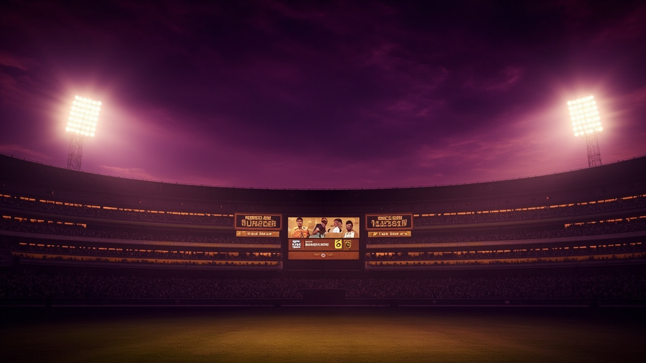Live Matches hero, glowing cricket stadium scoreboard at night