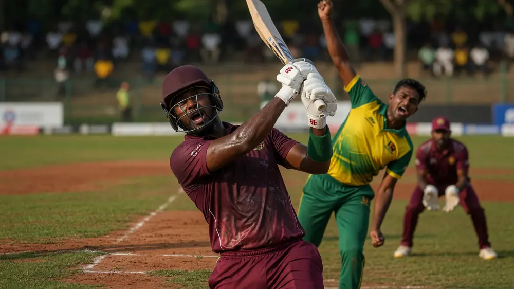 Maroon-kit batter mid-shot with bat raised while a green-and-yellow fielder celebrates behind him