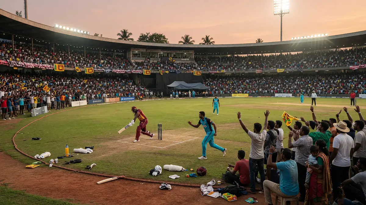 Packed dusk cricket stadium as a maroon-kit batter plays and a cyan bowler appeals near the pitch