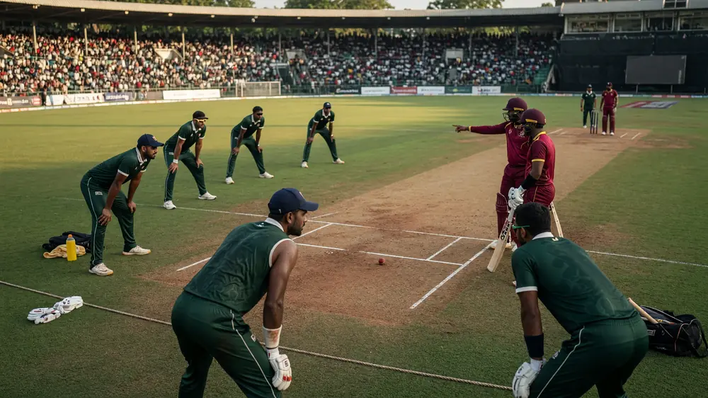 Green-kit close fielders surround the pitch as maroon batters point and a red ball sits on the crease