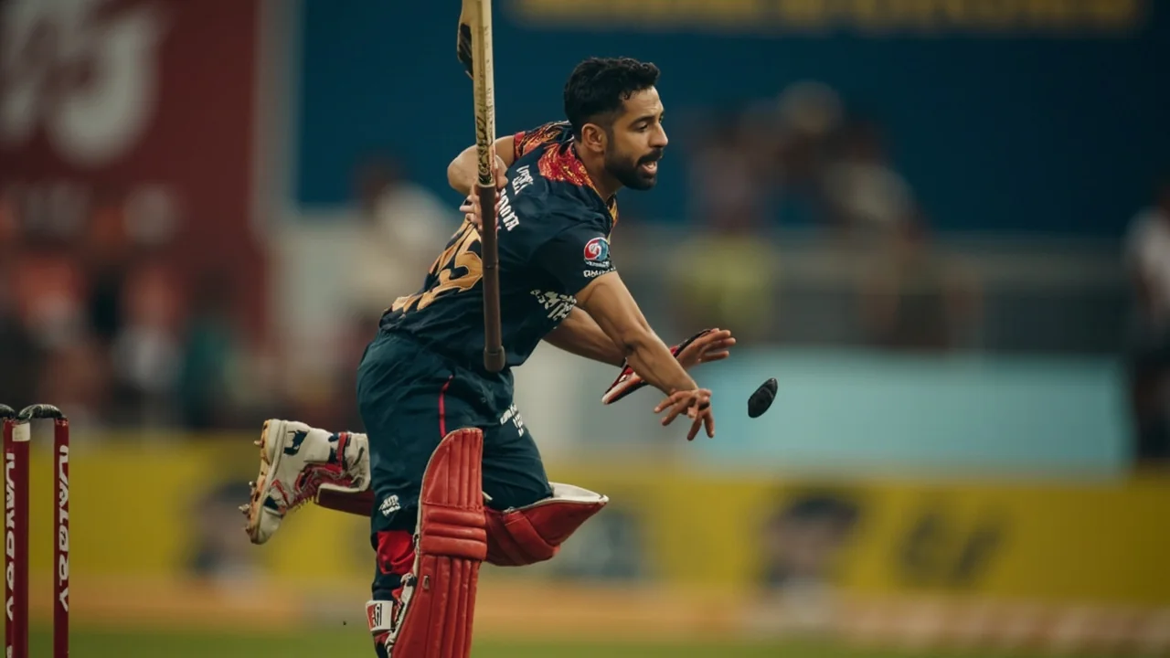 Sideline close-up of a bowler at the crease during an evening T20 fixture, with the non-striker visible at the bowler's end and the stadium lights catching the seam of the ball, framing the kind of match action that fantasy users were looking at on the day real-money contests were paused