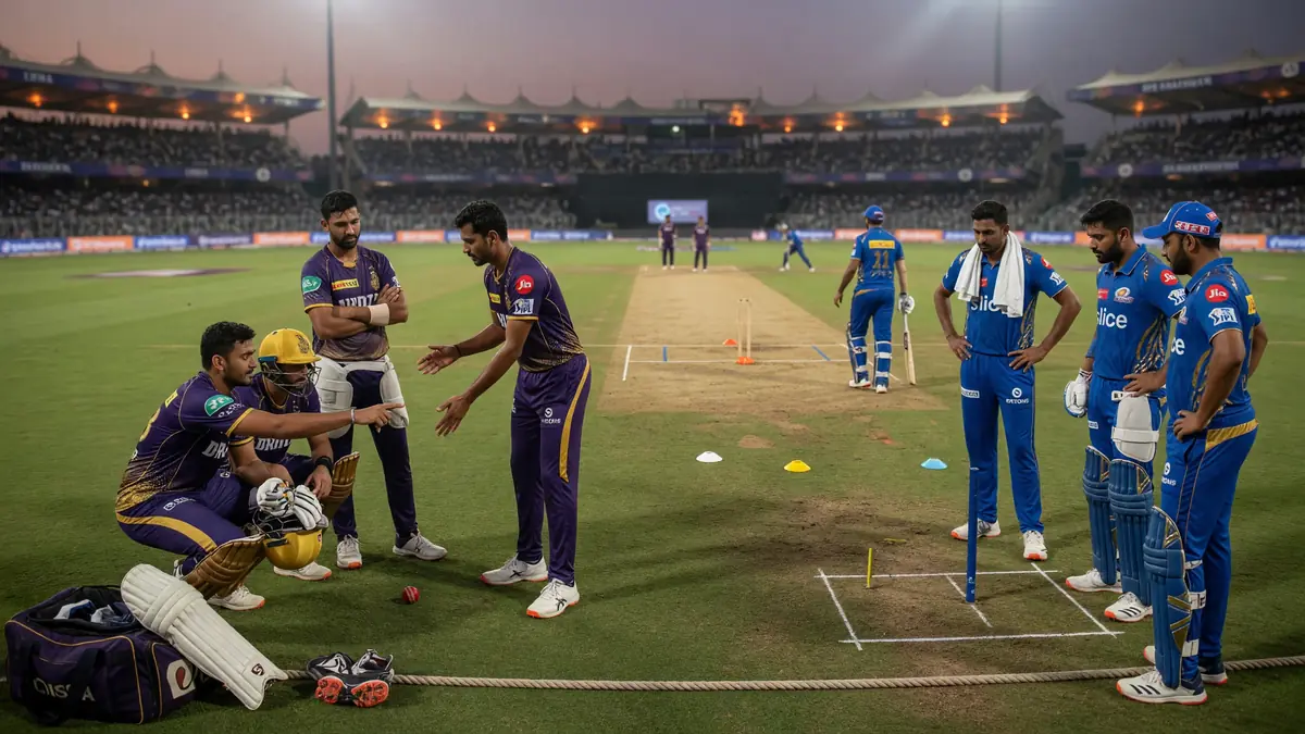 Medium view of fielders adjusting positions between overs on a floodlit ground, with the pitch and inner circle visible