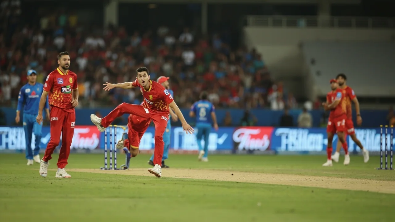 Captain and bowler in conversation at the end of an over during a Hundred Men's fixture, with fielders repositioning in the background and the scoreboard visible at the edge of the frame