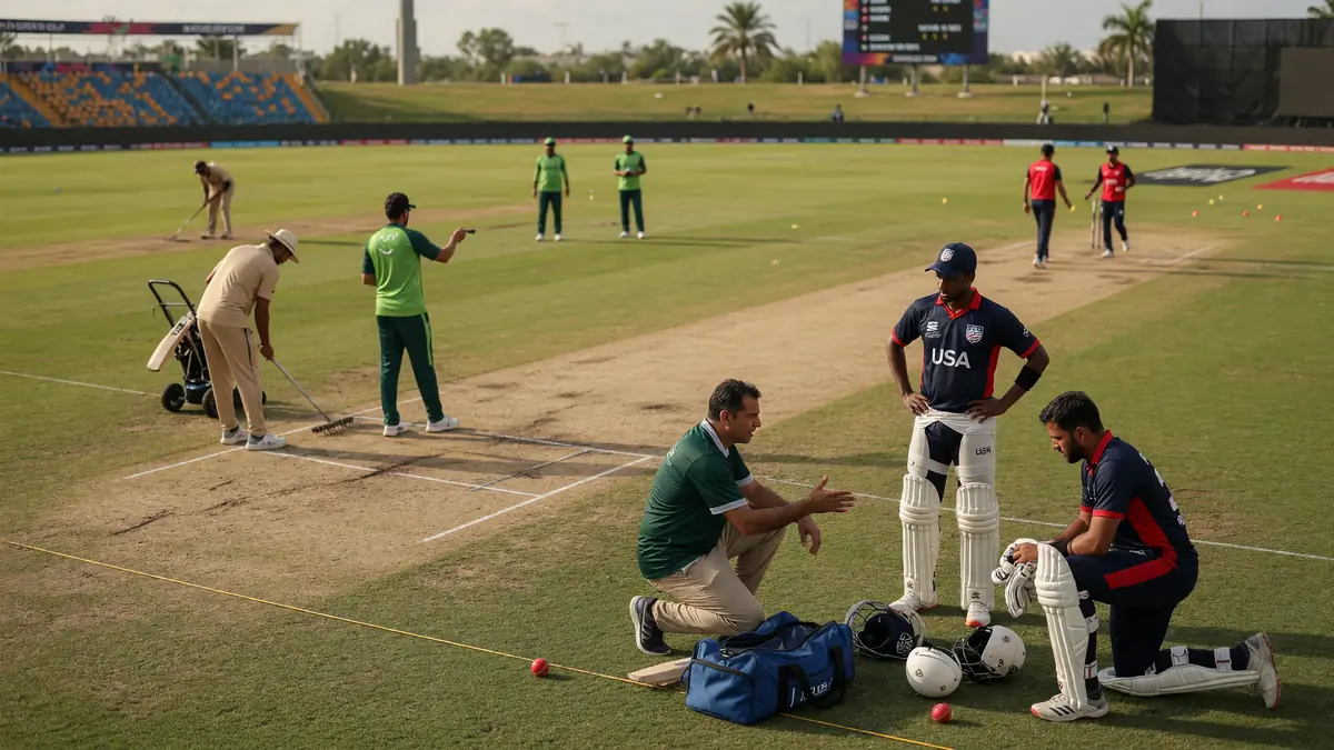 Medium tactical view of fielders setting positions on a floodlit ground with the pitch and inner circle visible