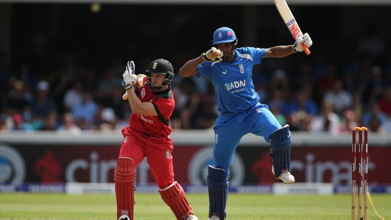 Close cricket action frame with a batter driving through the line and a fielder in the foreground mid-stride