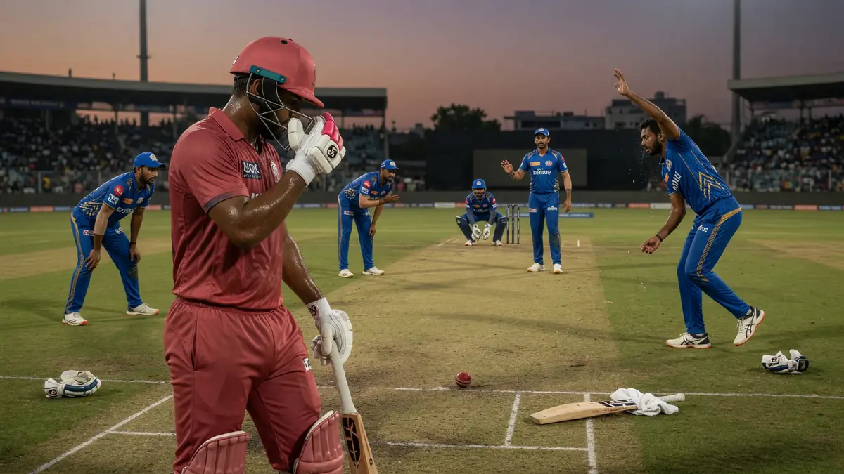 Medium view of fielders and a bowler setting for the next delivery on a night-match outfield
