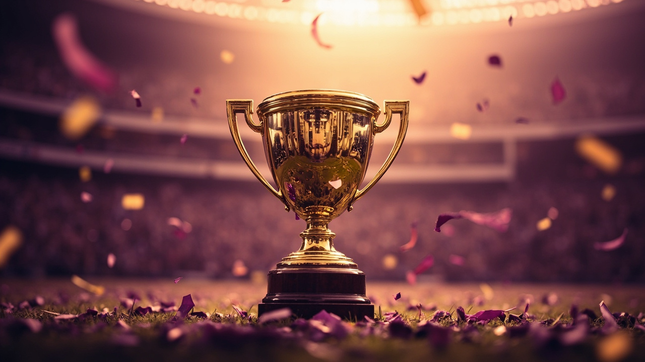 Winners hero, gold trophy on cricket pitch with confetti